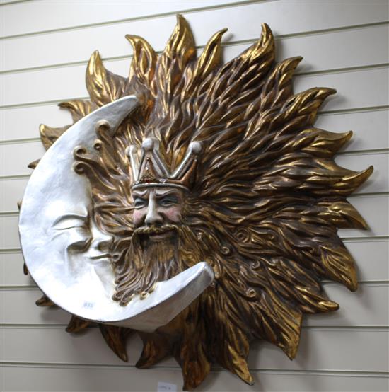 A Venetian papier mache Sun King wall applique / plaque H.90cm